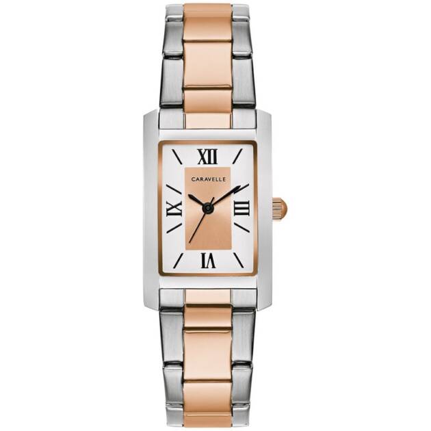 Ladies' Caravelle by Bulova Two-Tone Watch with Rectangular Rose-Tone and White Dial